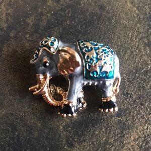 NWT elephant brooch pin metal goldtone with gray, black & metallic blue enamel